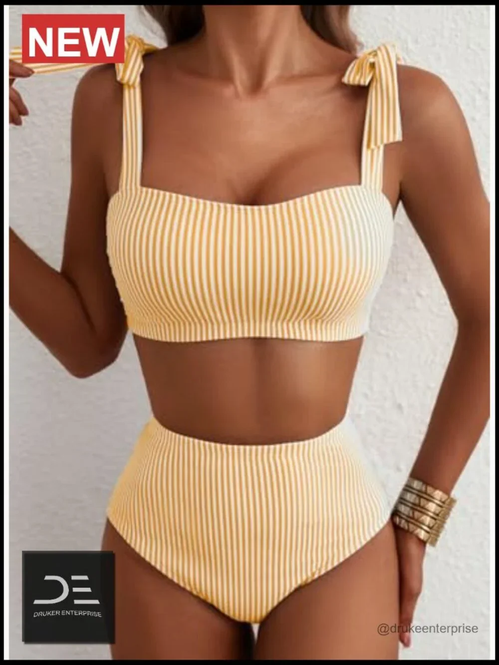 Two Piece Striped High Waisted Bikini Set with Tie Shoulders